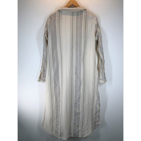 ZARA Medium Cream Striped Long Line Shirt Dress Side Slits Tie Front - Picture 3 of 3